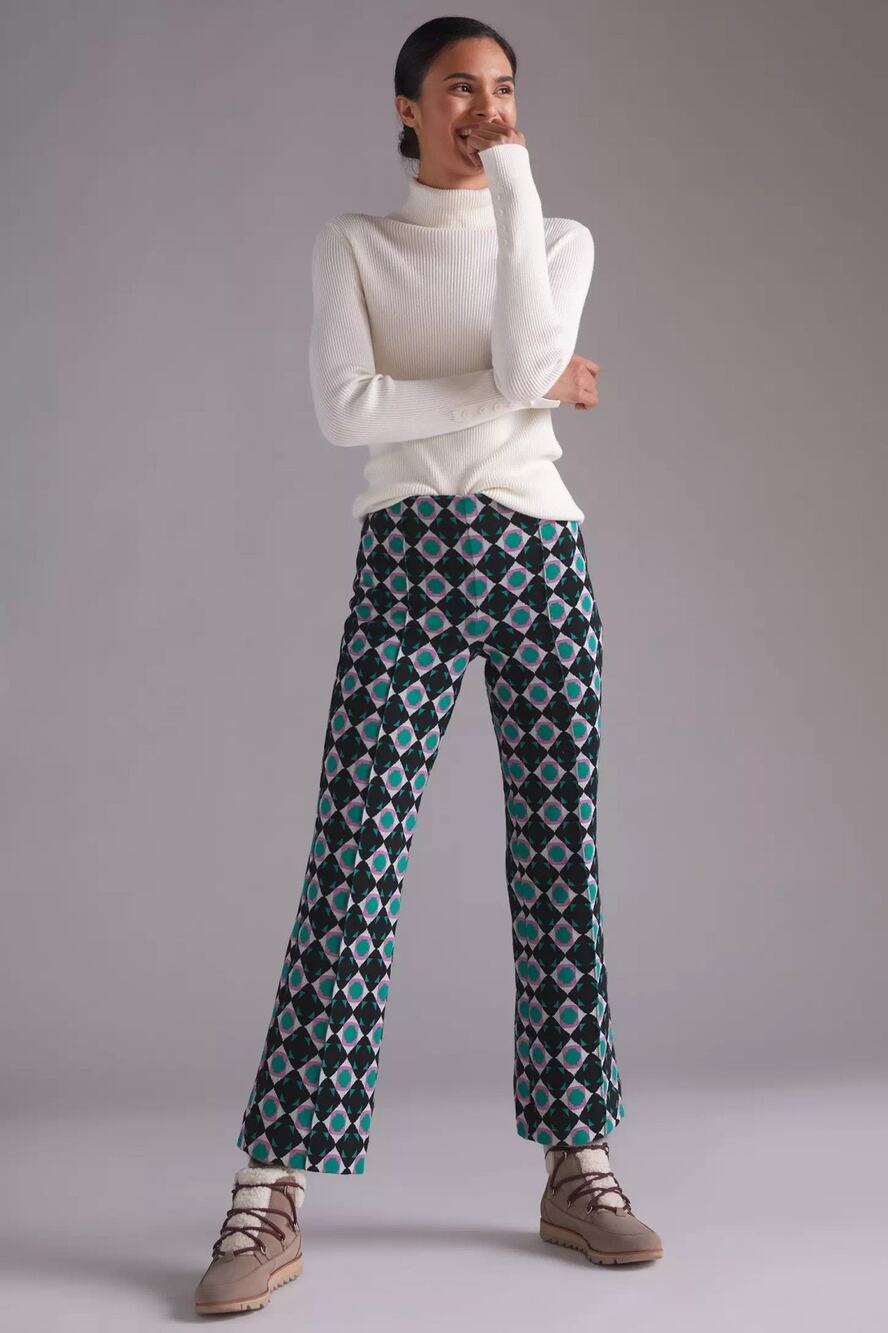Anthropologie Maeve Margo Pink Green Cotton Blend Kick Flare Pants Medium